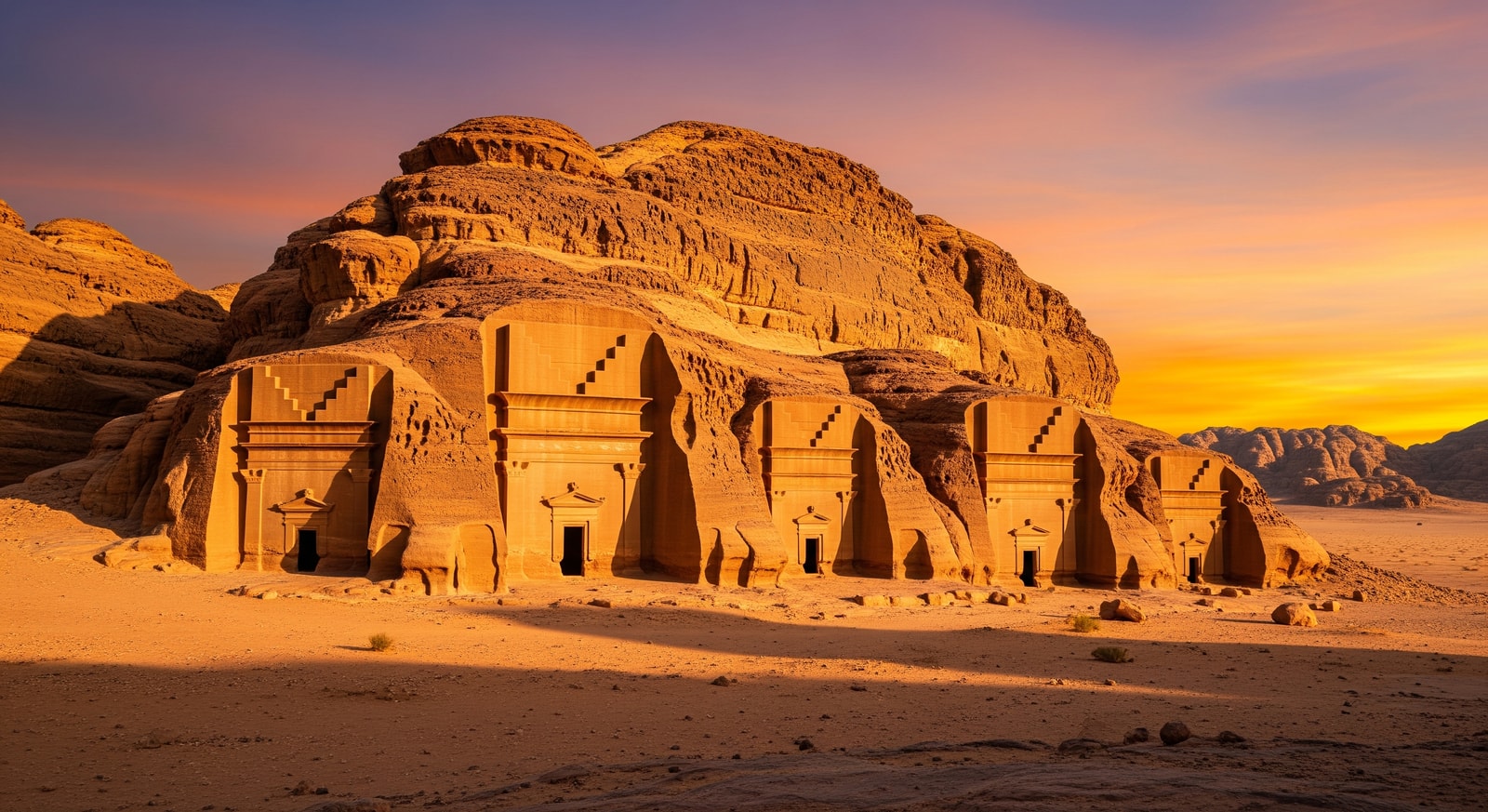 Ancient Nabataean tombs carved into sandstone cliffs at Hegra (Mada'in Salih) in AlUla at sunset