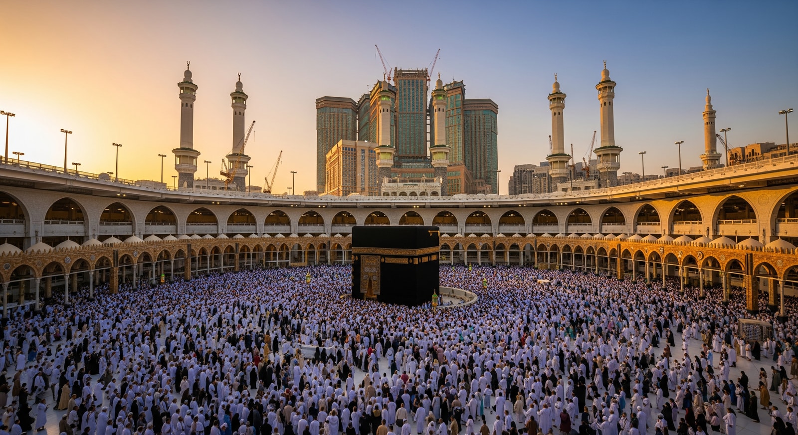 The magnificent Masjid al-Haram in Mecca with the Kaaba at center surrounded by pilgrims during golden hour