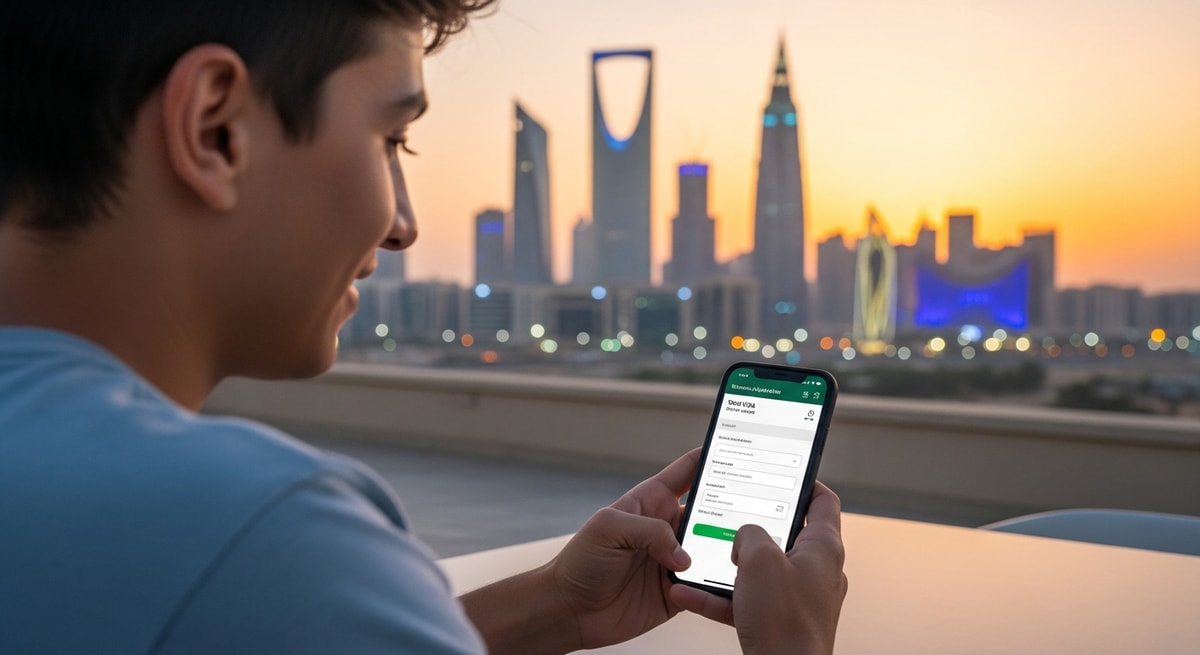 Traveler applying for Saudi visa on smartphone with Riyadh skyline in background