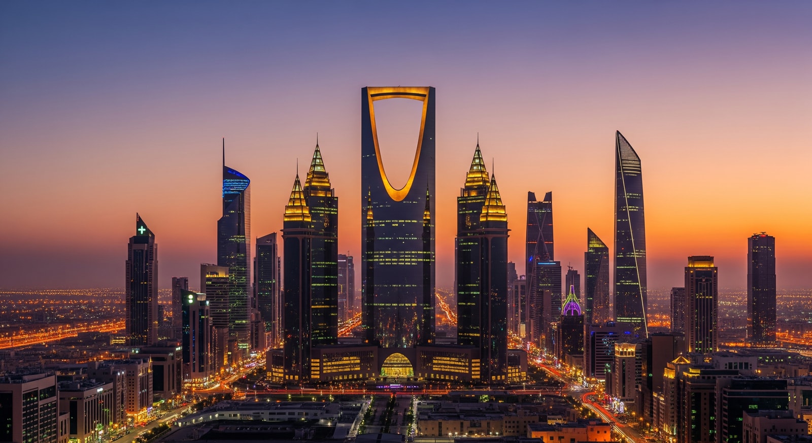 Modern Riyadh skyline at dusk featuring the iconic Kingdom Centre tower illuminated against purple sky