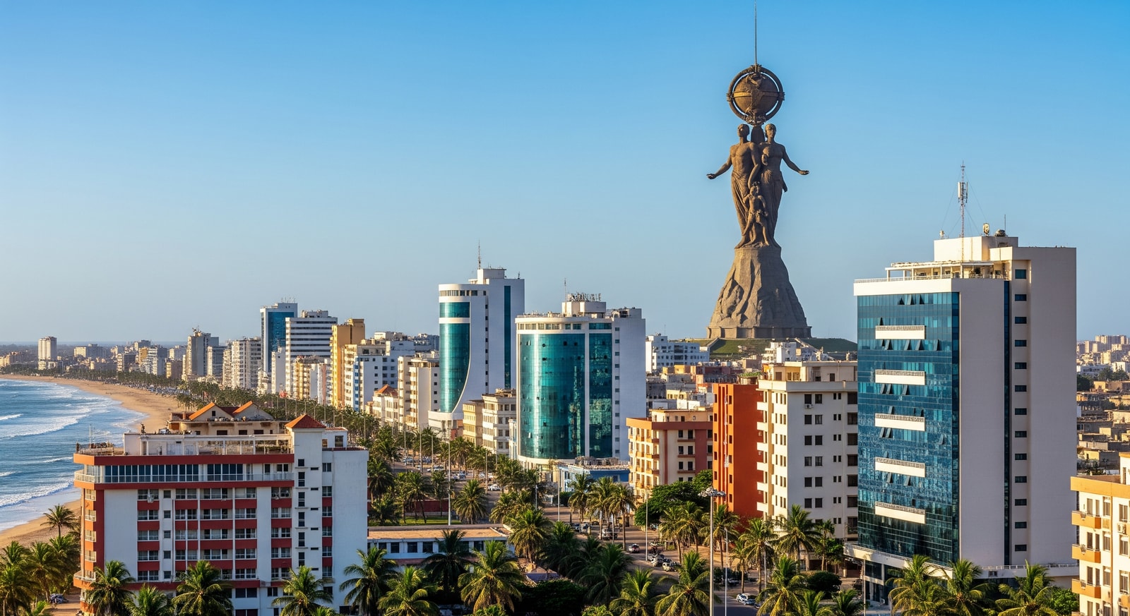 Modern Dakar cityscape with the African Renaissance Monument visible against blue sky