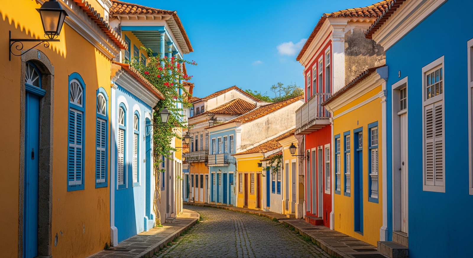 Historic colonial architecture and colorful buildings on Goree Island with cobblestone streets