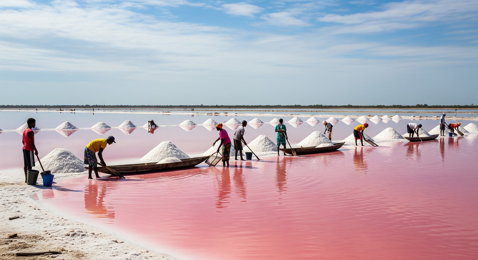 Stunning pink waters of Lac Rose (Pink Lake) with salt collectors working along the shores