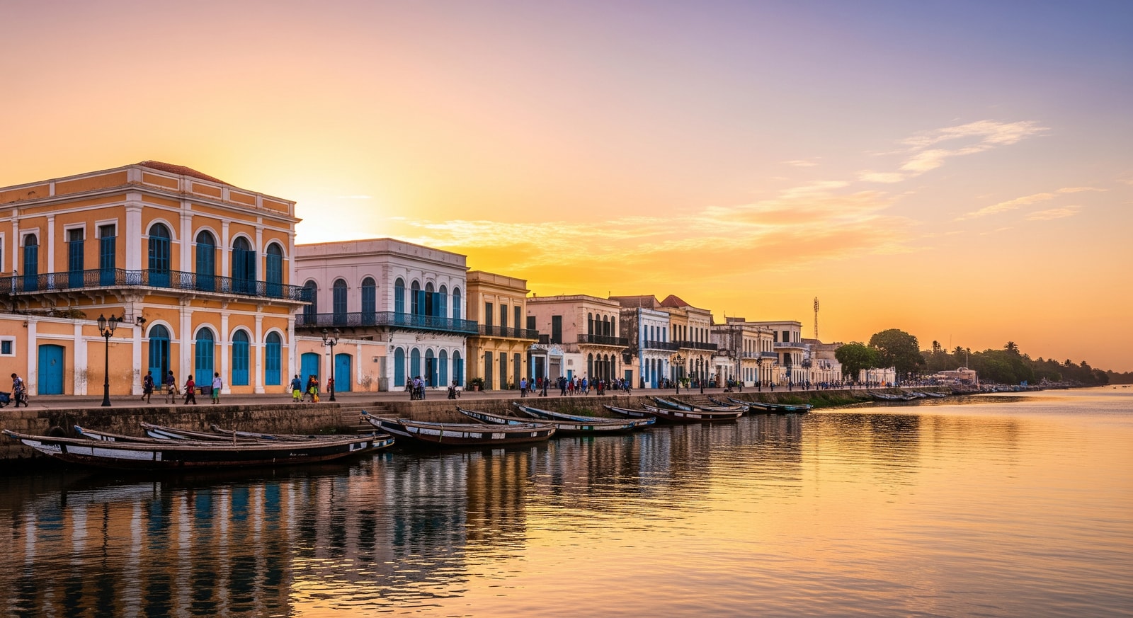 Historic French colonial buildings along the Senegal River in Saint-Louis at golden hour