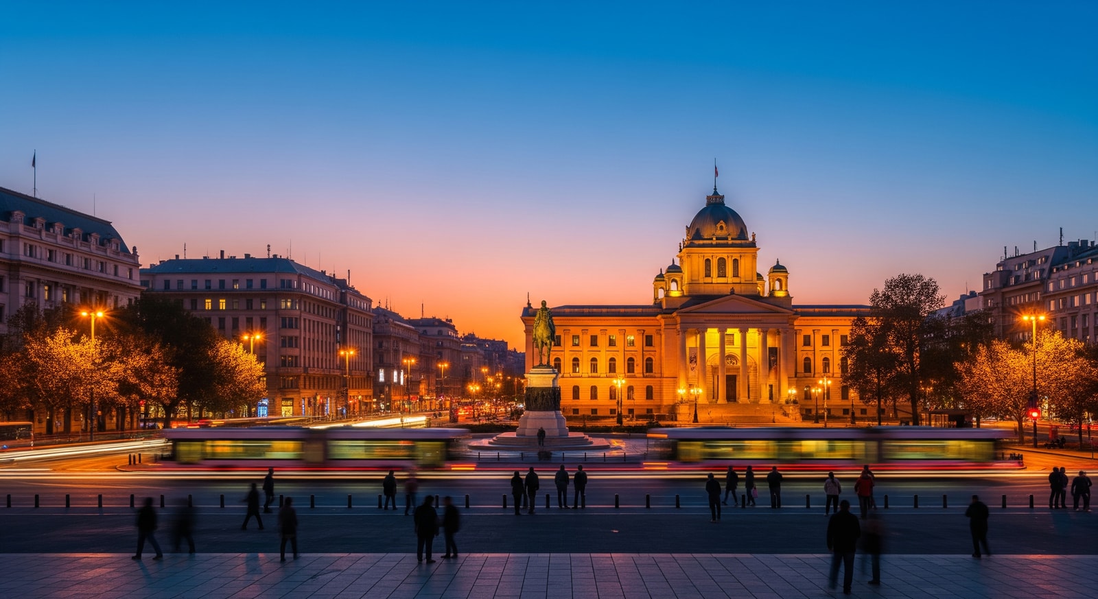 Historic Belgrade city center with Republic Square and the National Museum at twilight