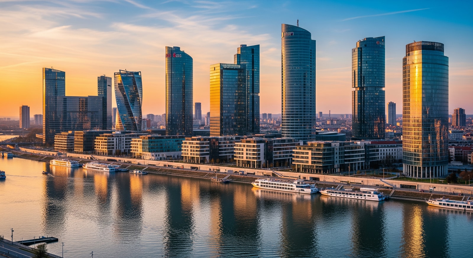 Modern business district in New Belgrade with glass towers and the Belgrade Waterfront development