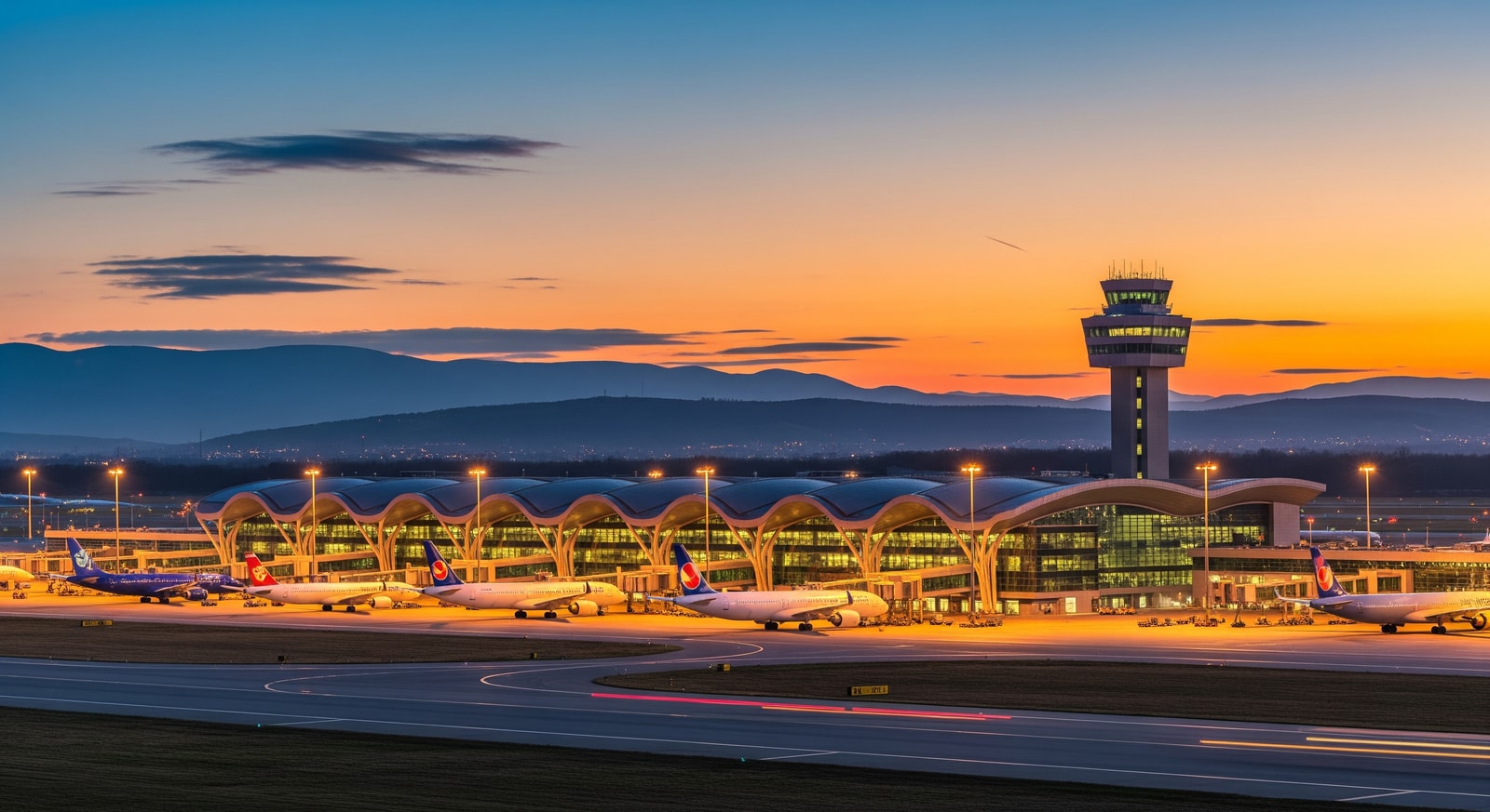 Modern terminal building of Nikola Tesla Belgrade Airport with aircraft and control tower