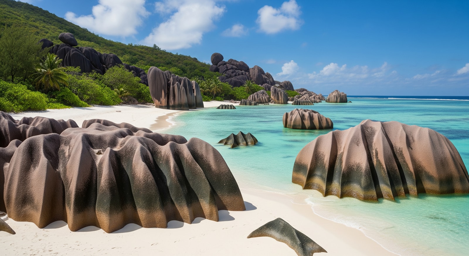 Pristine white sand beach with iconic granite boulders and turquoise lagoon at Anse Source d'Argent, La Digue