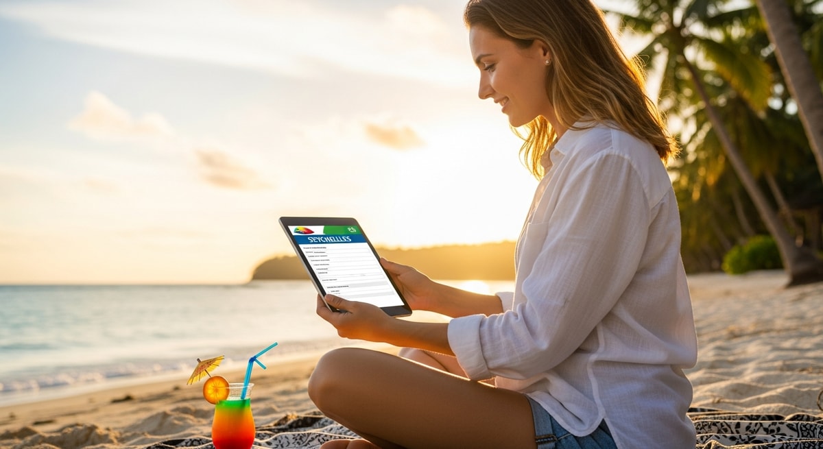 Happy traveler using tablet to apply for Seychelles visa while planning tropical beach vacation