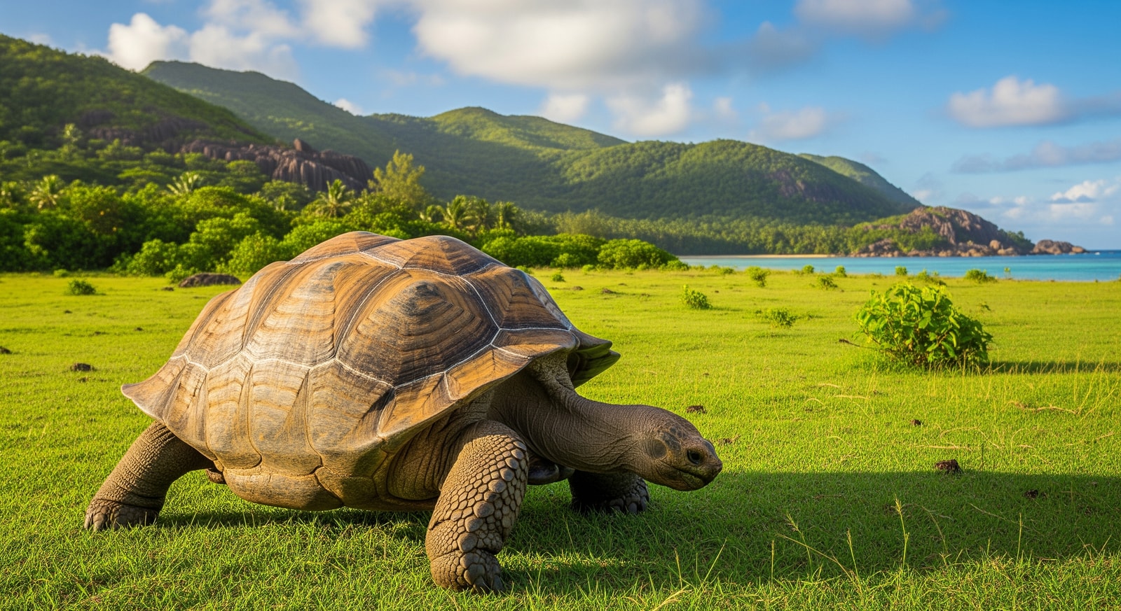 Giant Aldabra tortoise walking on green grass at Curieuse Island nature reserve