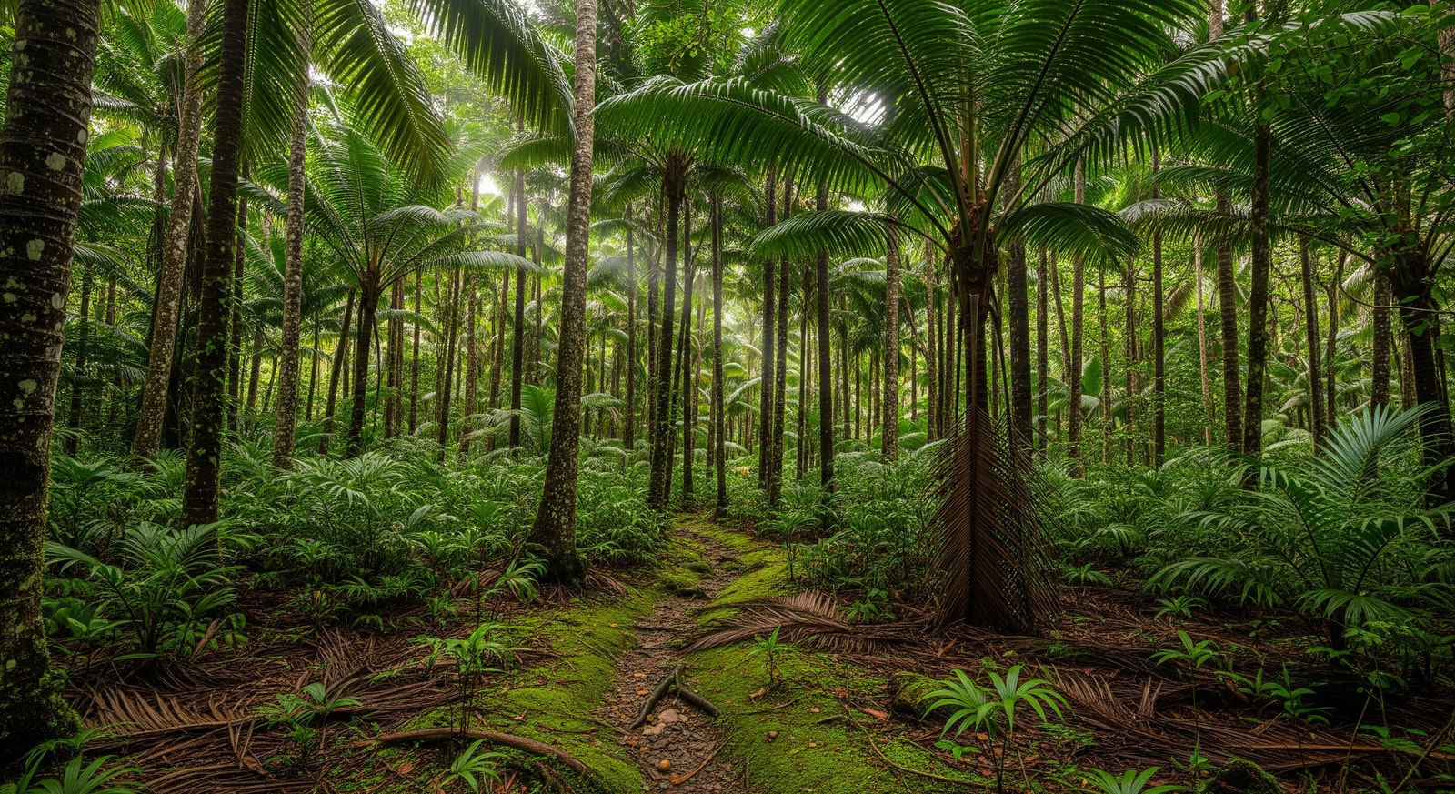 Ancient coco de mer palm forest in Vallee de Mai UNESCO World Heritage Site on Praslin Island