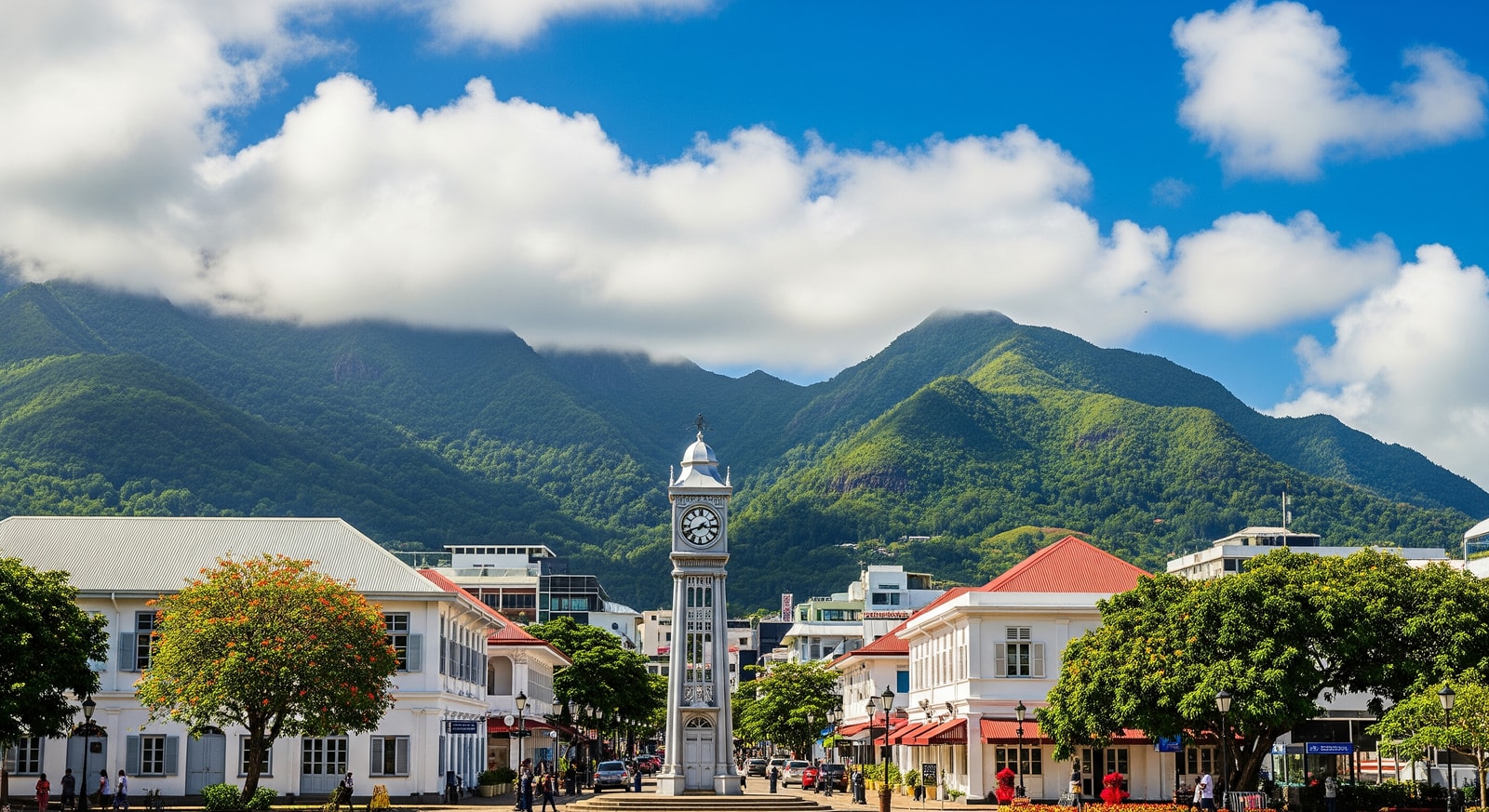 Victoria Clock Tower and colonial buildings in the heart of Seychelles capital with green mountains backdrop