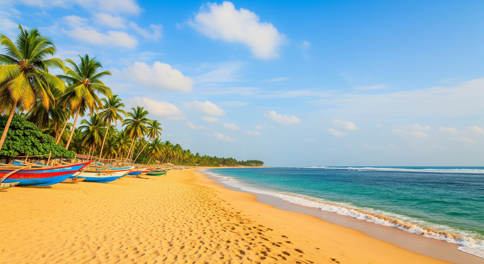 Pristine golden sands of Tokeh Beach with traditional fishing boats and palm trees along Sierra Leone's Atlantic coast