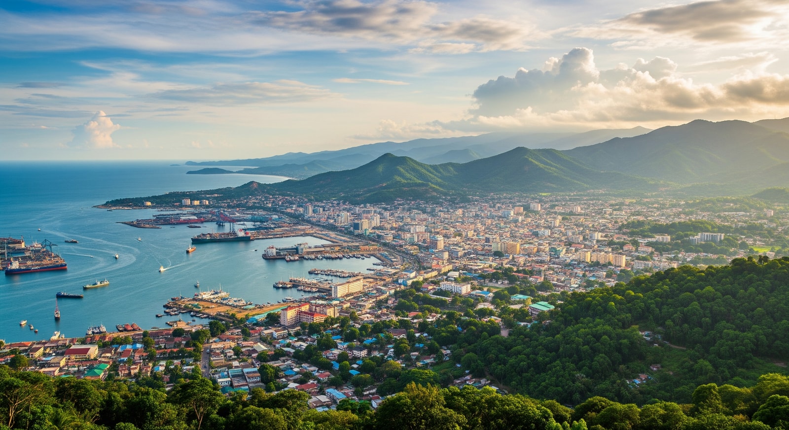Panoramic view of Freetown from Leicester Peak showing the city, harbor, and surrounding green mountains
