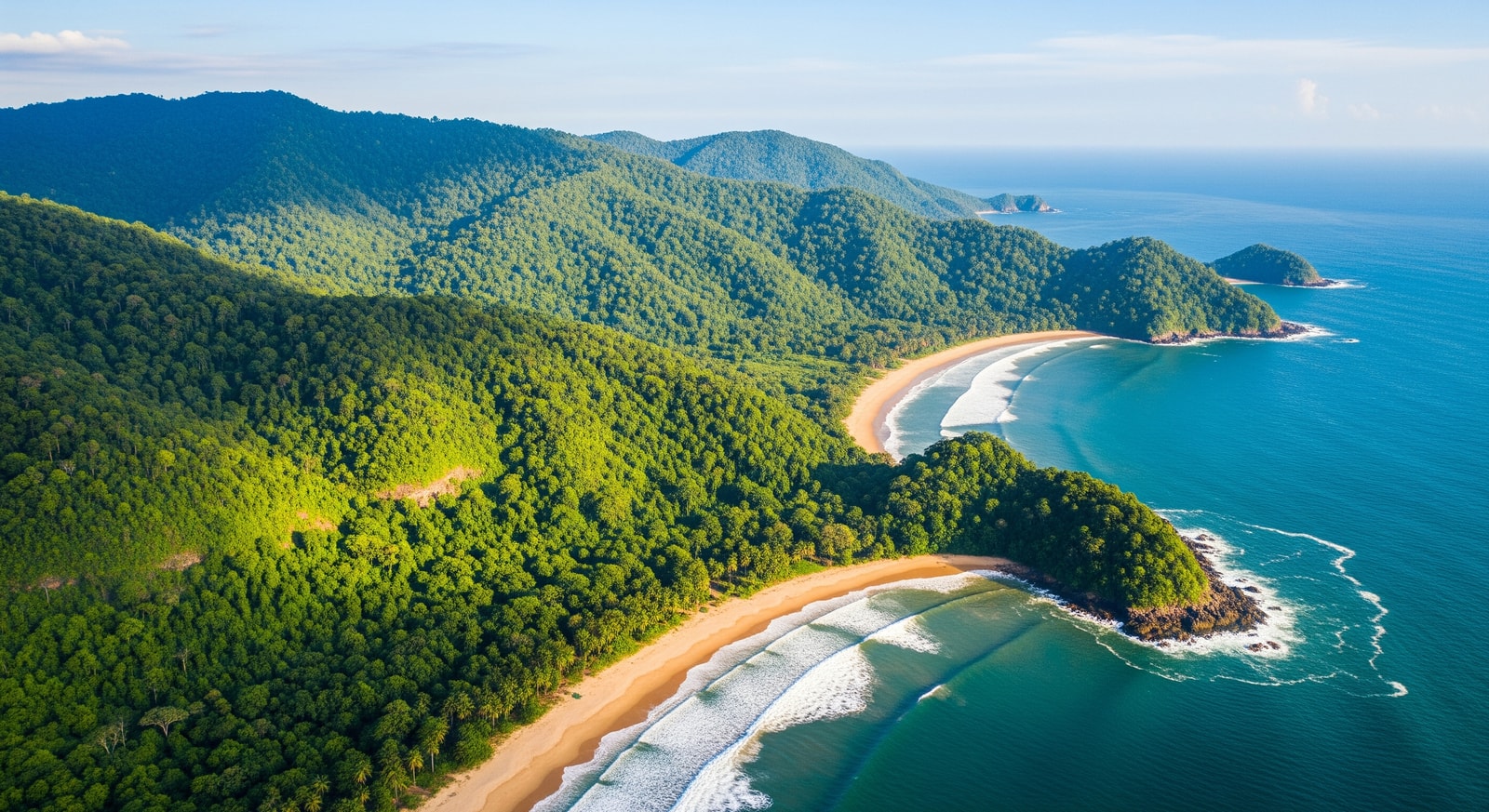 Aerial view of the lush Freetown Peninsula showing rainforest-covered mountains meeting the Atlantic Ocean