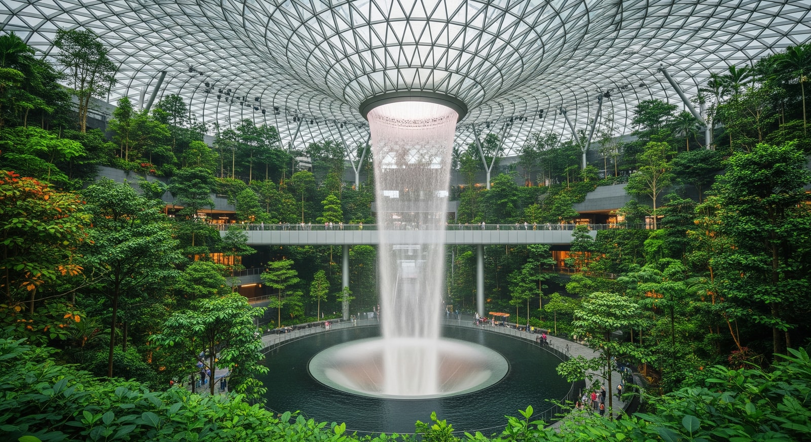 Spectacular Jewel Changi Airport indoor waterfall surrounded by lush indoor forest and shopping levels