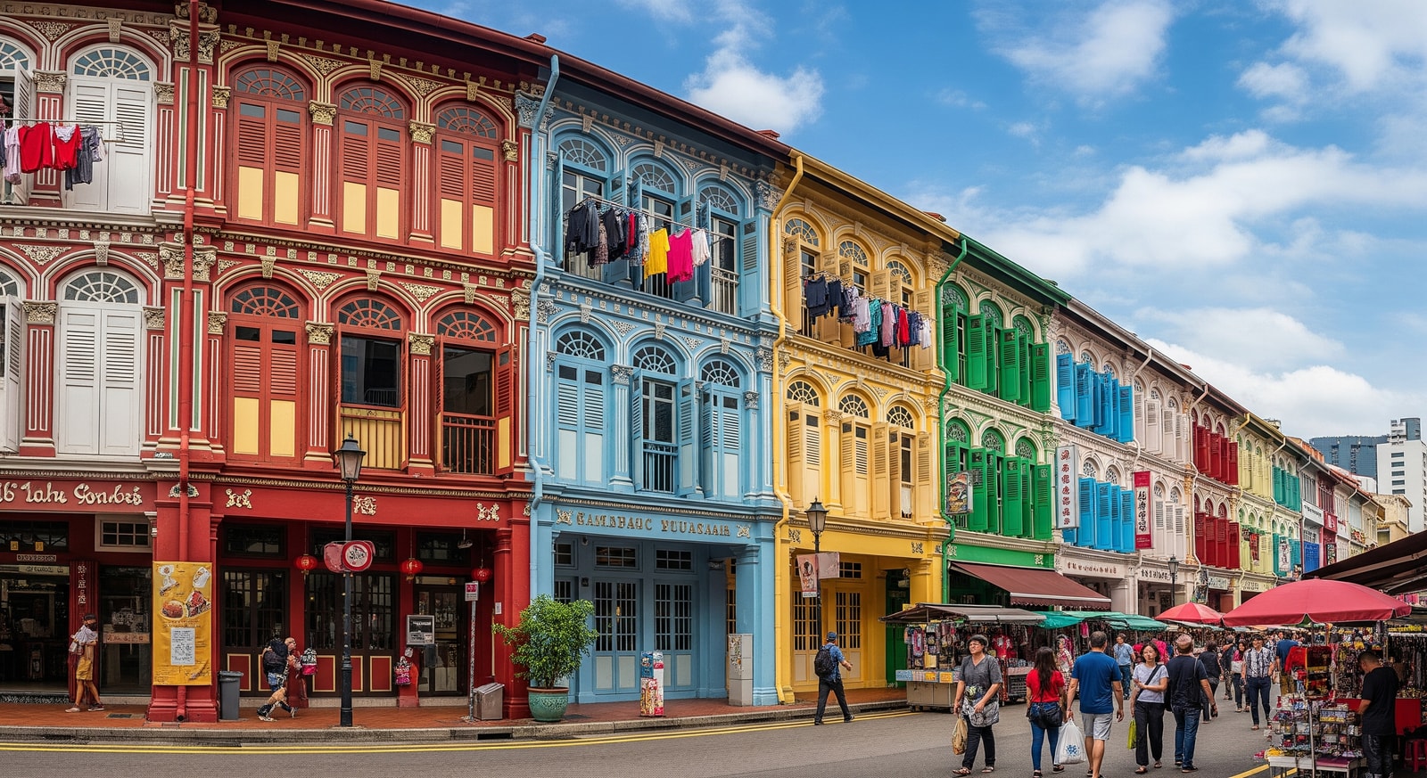Colorful shophouses and traditional architecture in Singapore Chinatown district during the day