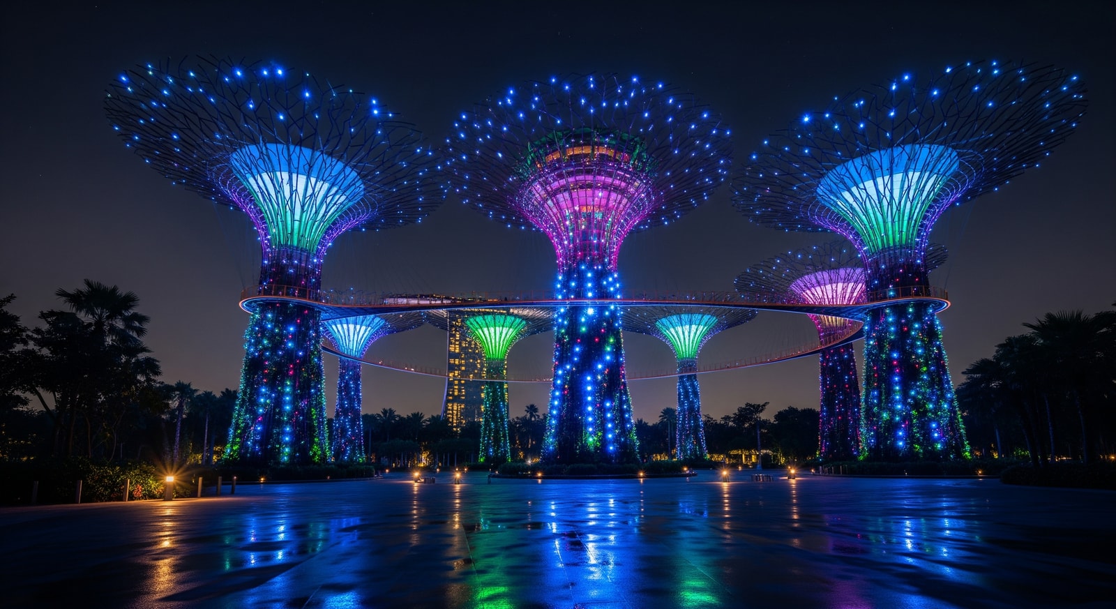 Futuristic Supertree Grove at Gardens by the Bay illuminated with colorful lights at night