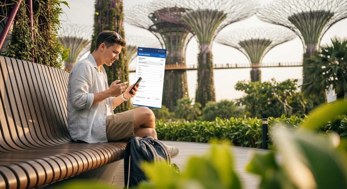 Traveler exploring Gardens by the Bay while completing visa application on smartphone