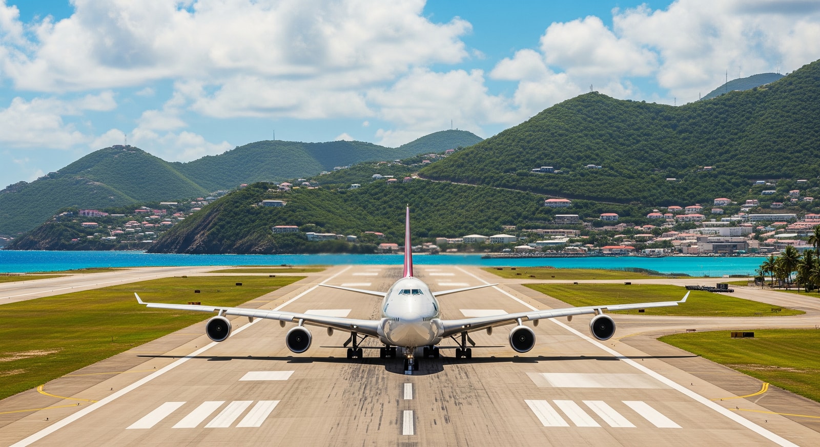 Princess Juliana International Airport with jet aircraft on runway and lush green hills