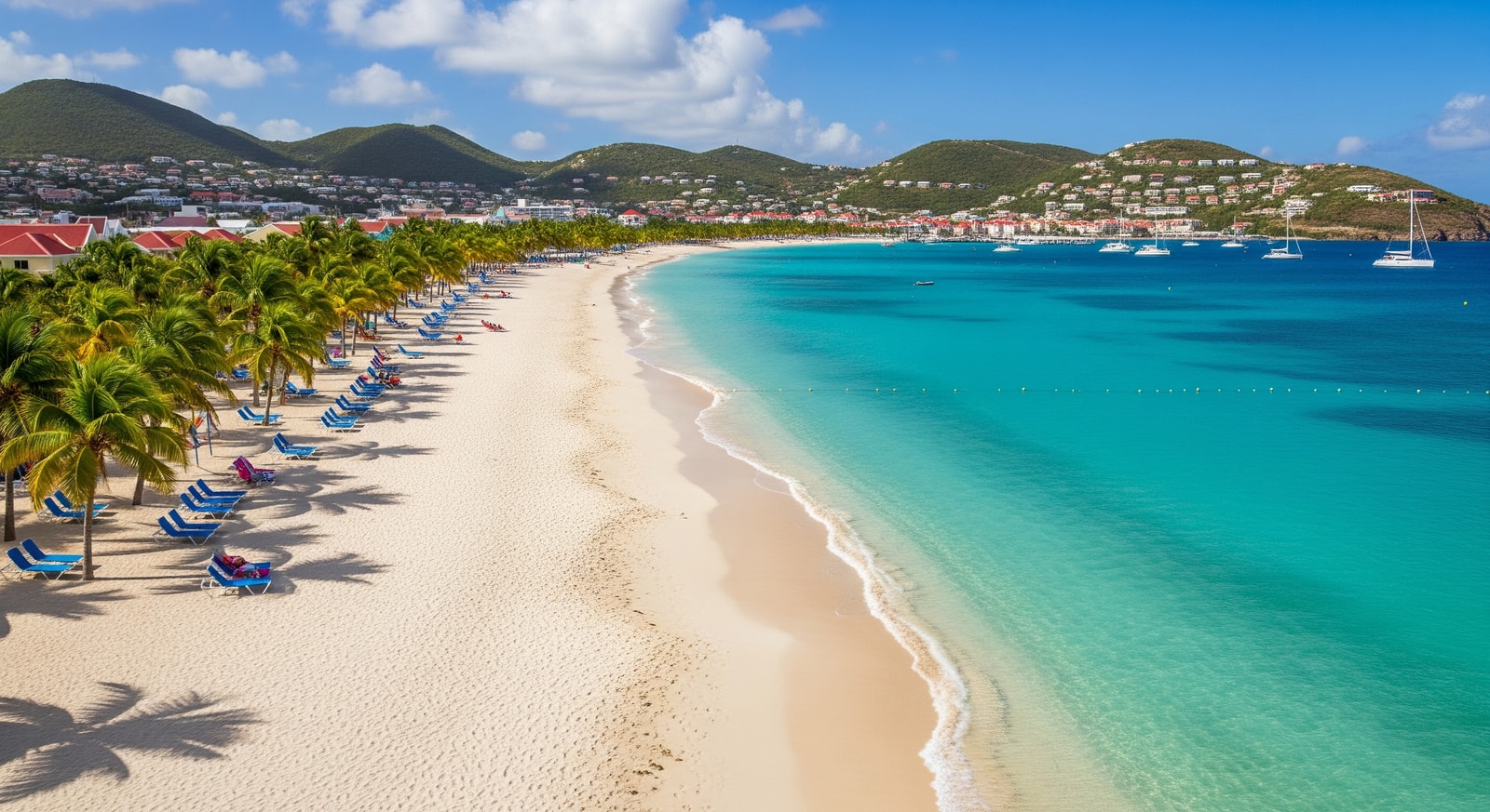 Panoramic view of Great Bay Beach with white sand and crystal clear turquoise Caribbean waters
