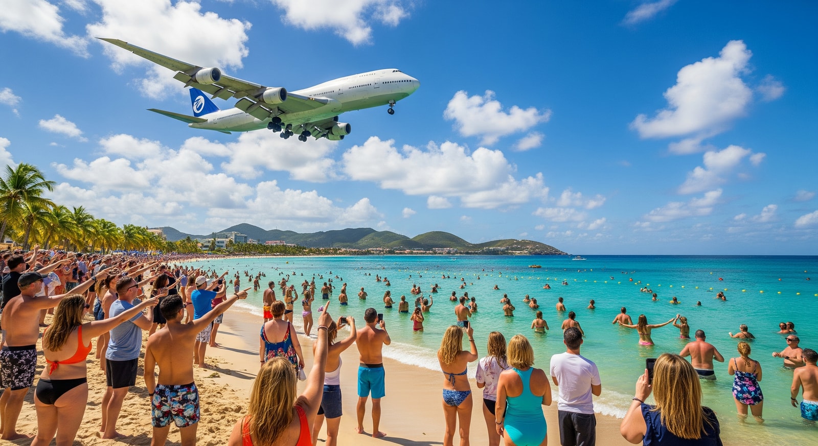 Airplane flying low over Maho Beach with excited tourists watching and swimming below