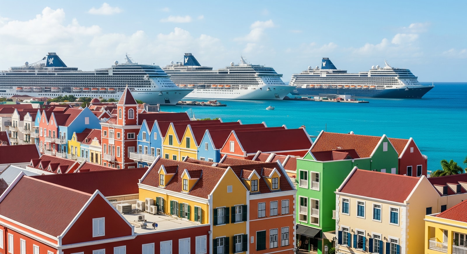 Colorful Dutch colonial buildings along Front Street in Philipsburg with cruise ships in Great Bay