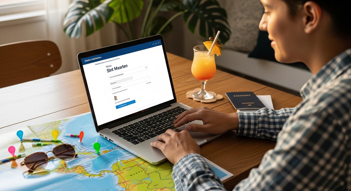 Traveler using laptop to apply for Sint Maarten visa while planning Caribbean vacation