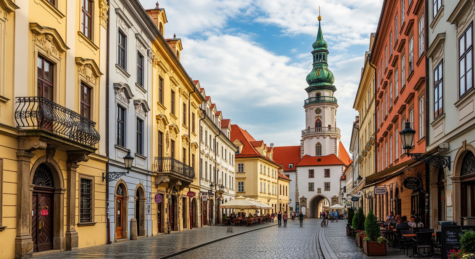 Historic streets of Bratislava Old Town with colorful baroque buildings and St. Michael's Gate tower in the background