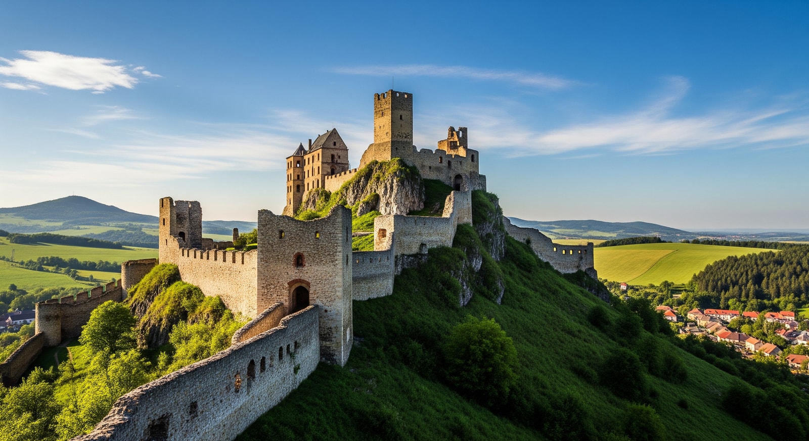 Medieval Spissky Castle ruins perched on a dramatic hilltop against a blue sky, one of Europe's largest castle complexes