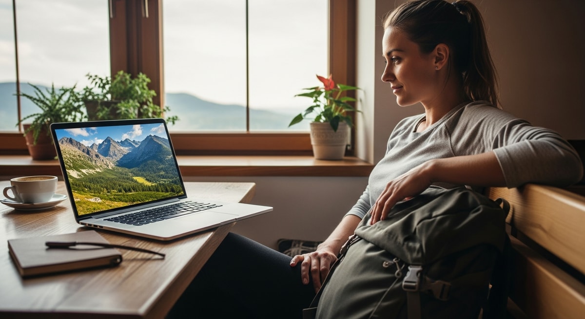 Traveler planning Slovakia trip with laptop showing High Tatras mountain scenery