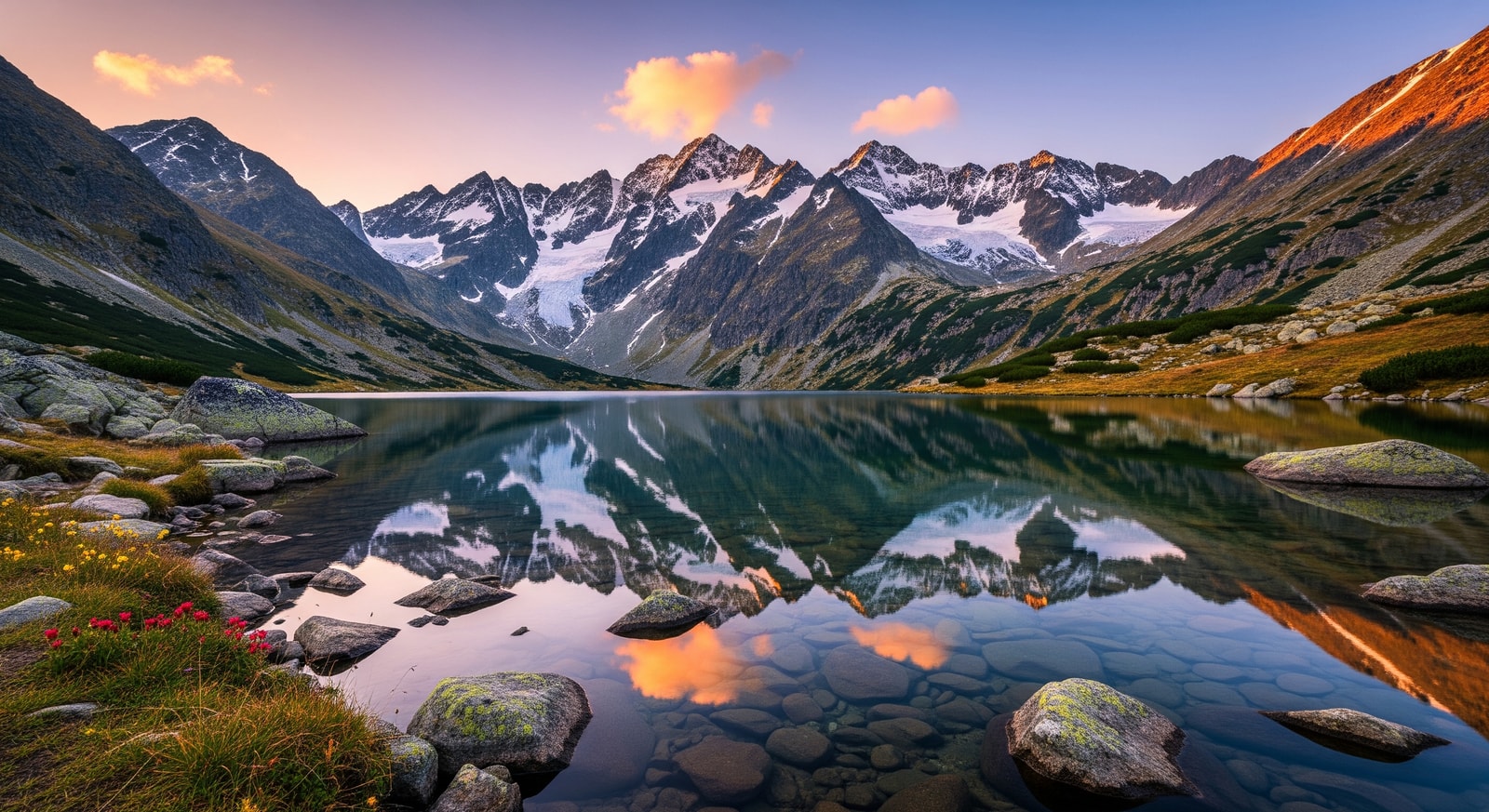 Stunning alpine landscape of the High Tatras mountains with snow-capped peaks reflected in a crystal-clear mountain lake
