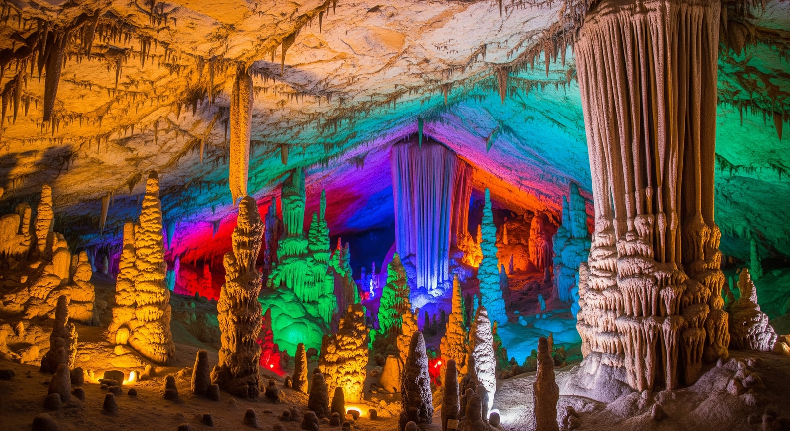 Magnificent interior of Postojna Cave with illuminated stalactites and stalagmites in Slovenia's famous karst region