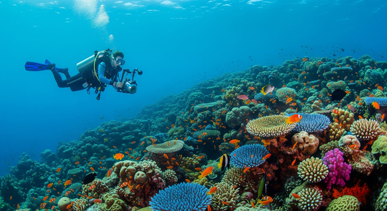 Scuba diver exploring vibrant coral reef with colorful tropical fish in Solomon Islands waters