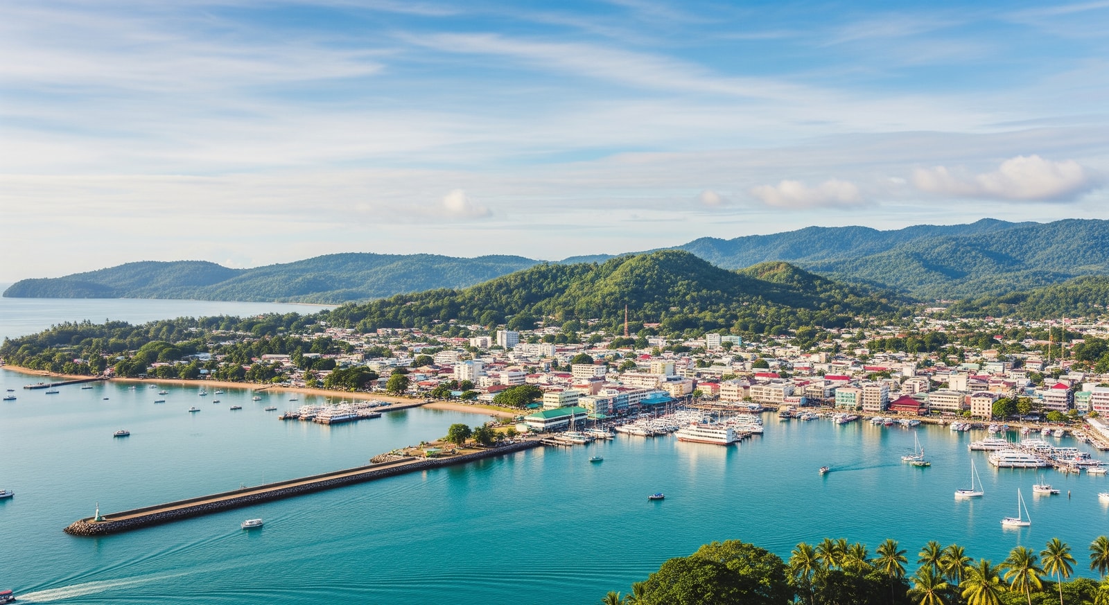 View of Honiara harbor and city center with Point Cruz and surrounding hills on Guadalcanal Island