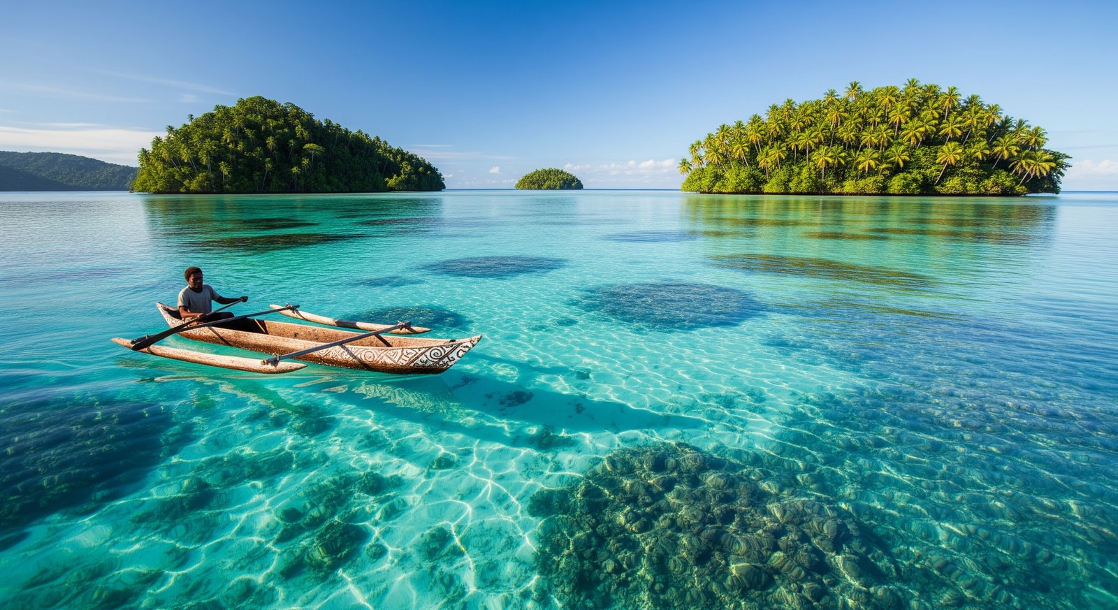 Crystal clear waters of Marovo Lagoon in the Solomon Islands with traditional canoe and palm-fringed islands
