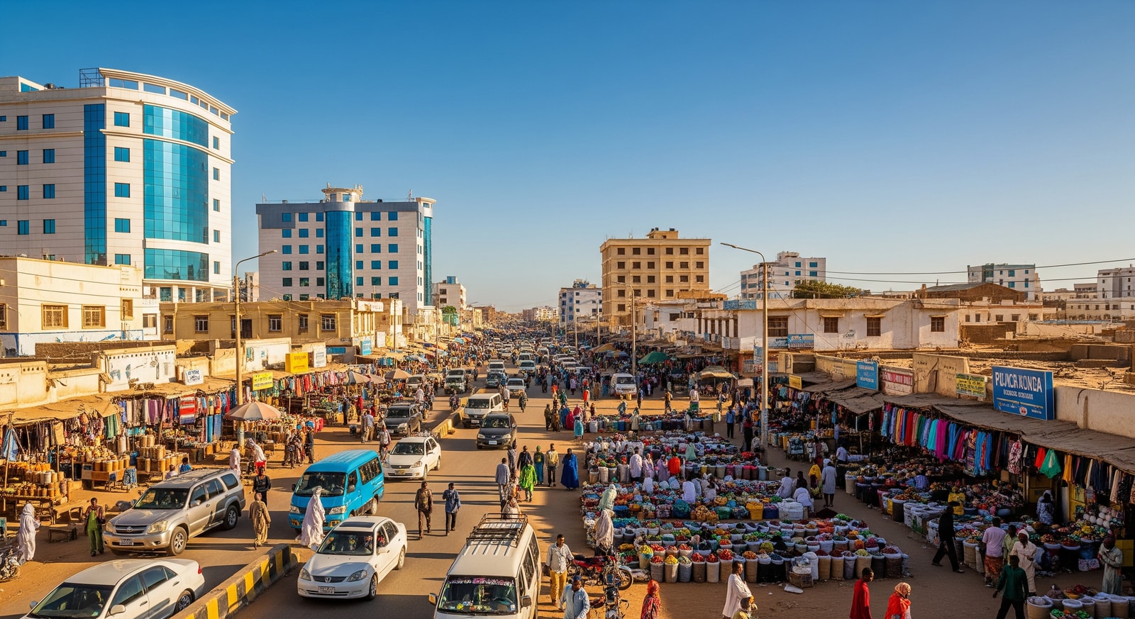 Modern buildings and bustling streets of Hargeisa city center with traditional markets