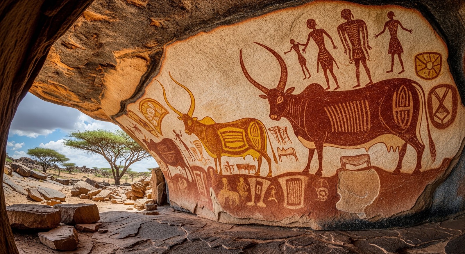Ancient cave paintings at Laas Geel archaeological site showing cattle and human figures dating back 5000 years