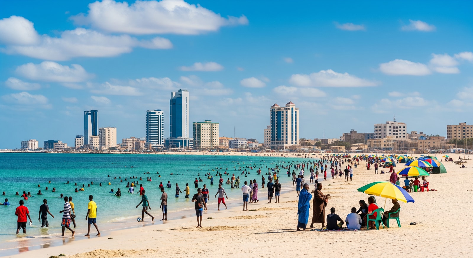 Lido Beach in Mogadishu with locals enjoying the seaside and city skyline in background