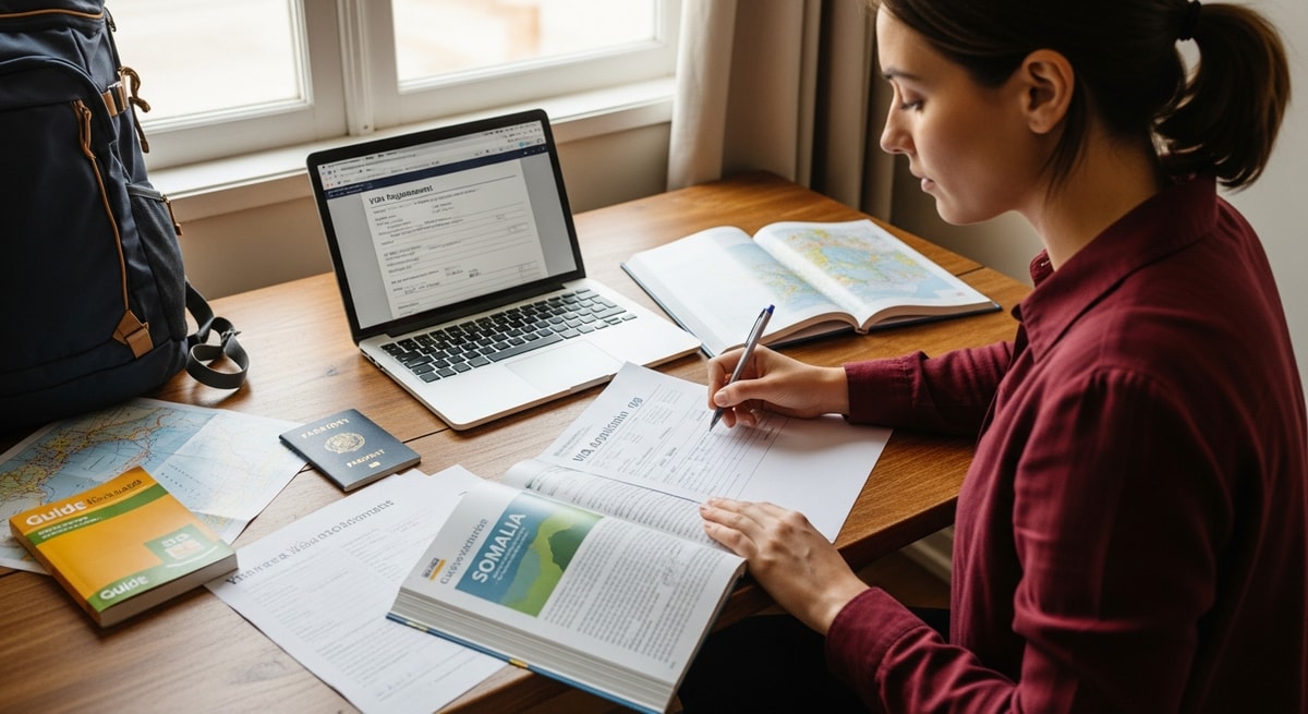 Traveler reviewing documents and preparing visa application for Somalia journey