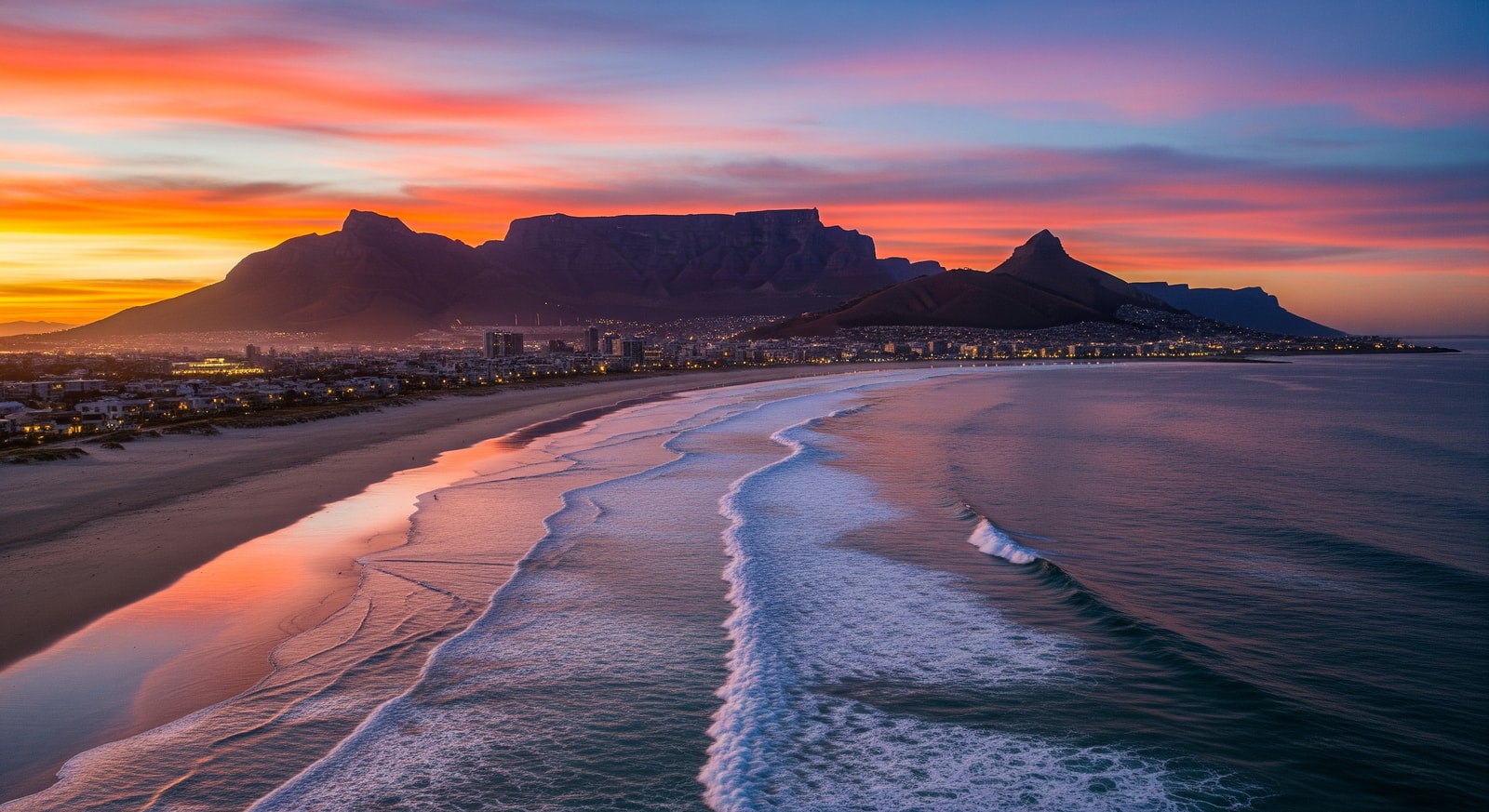 Stunning aerial view of Cape Town beaches with Table Mountain and Twelve Apostles in the background at sunset