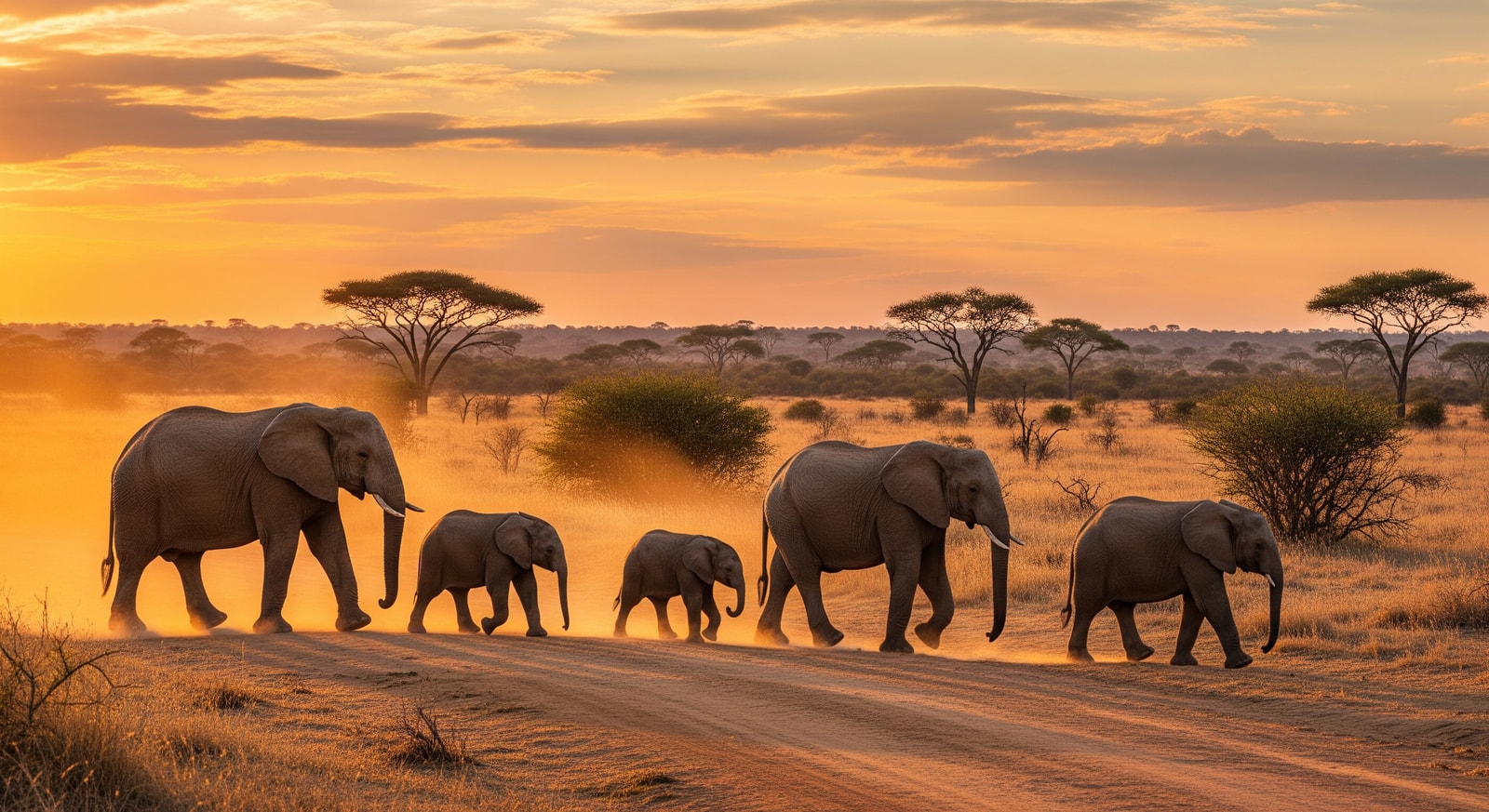 Elephant family crossing a dusty road in Kruger National Park with acacia trees in the African savanna
