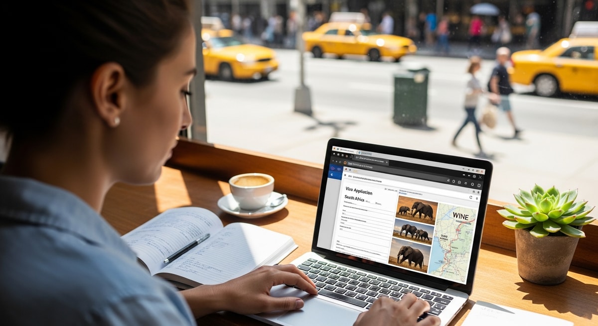 Traveler using laptop to apply for South Africa visa while planning safari and wine country trip
