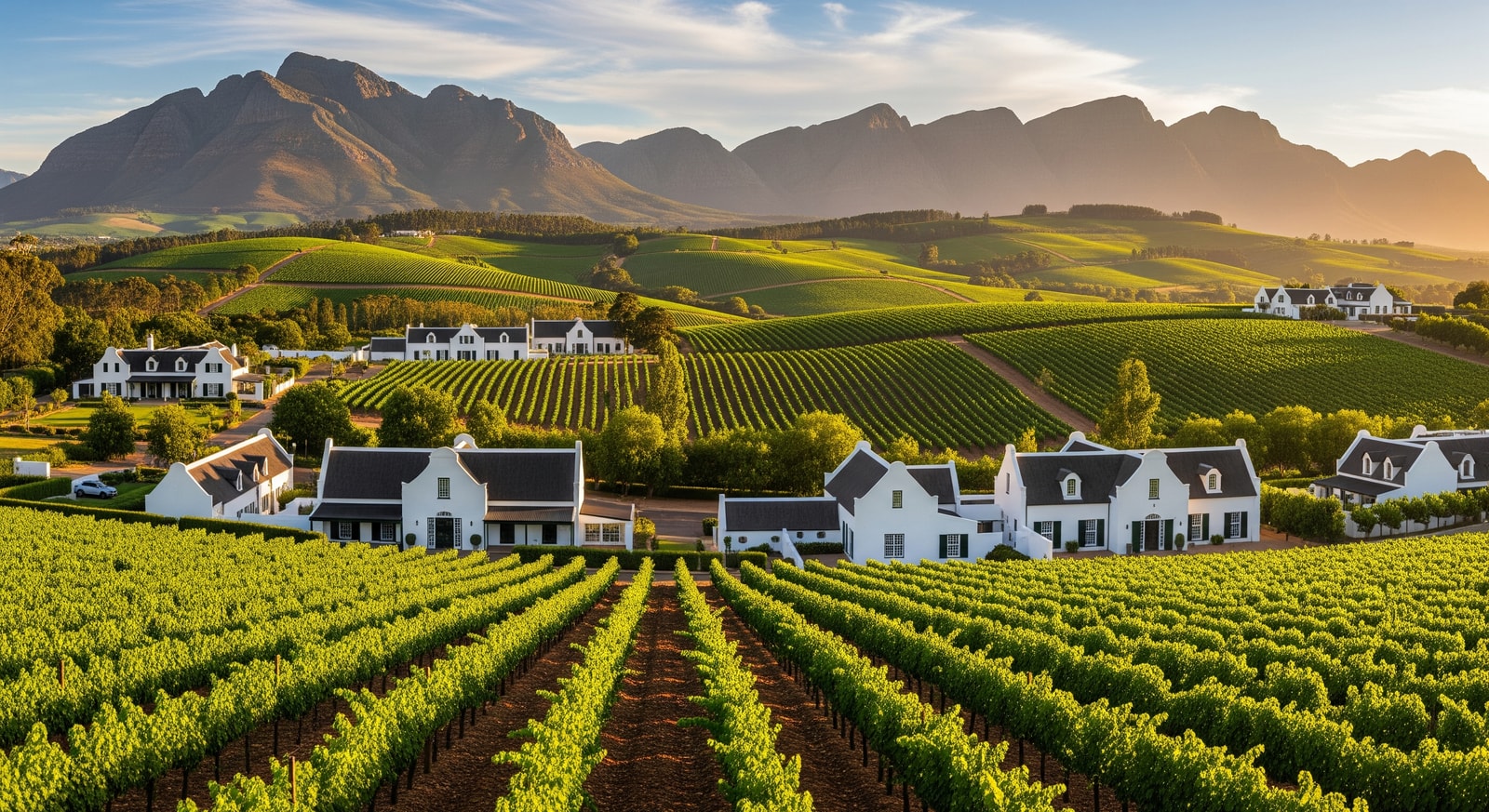 Lush vineyards of Stellenbosch wine region with Cape Dutch architecture and mountain backdrop