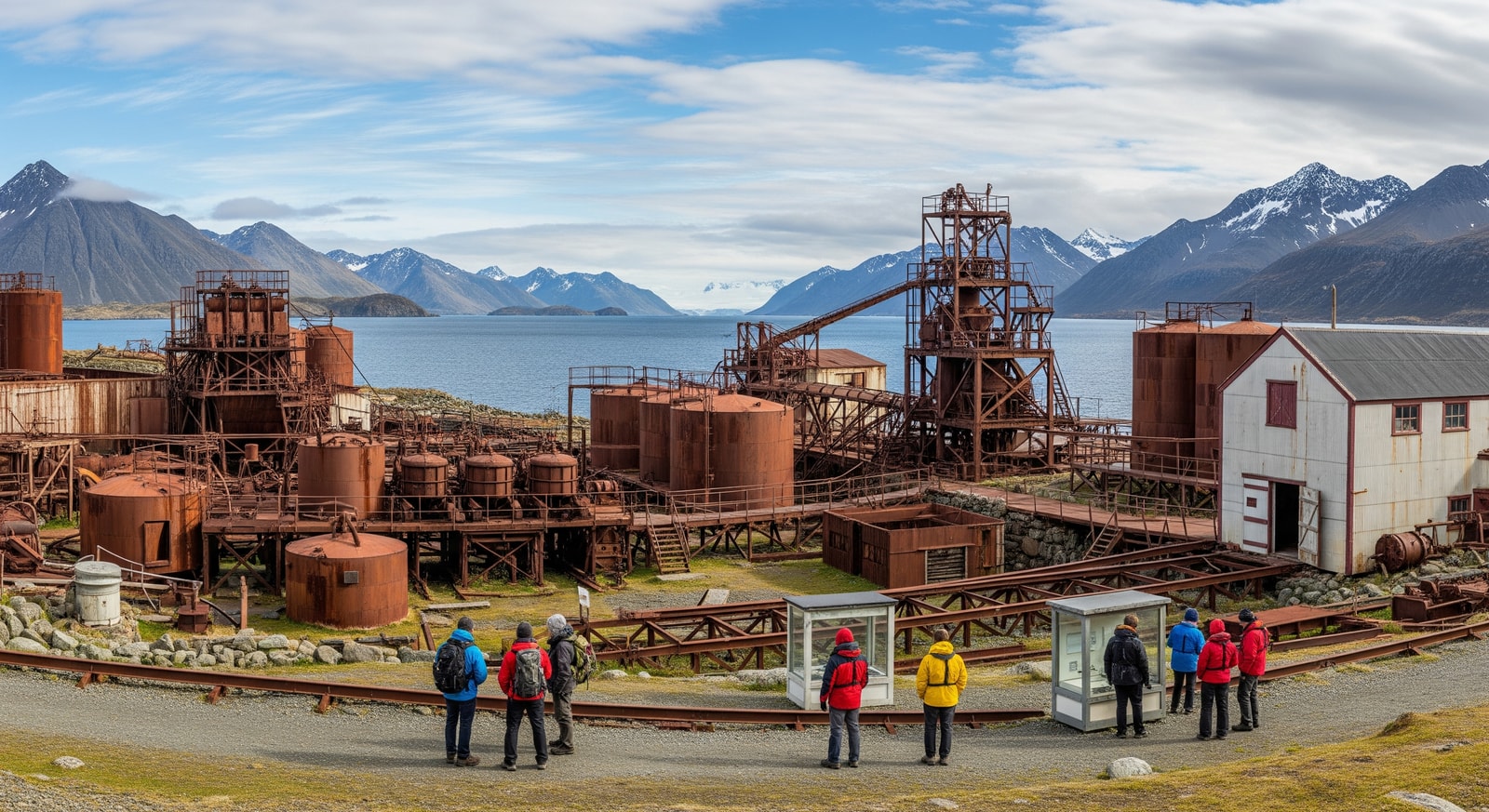 Historic Grytviken whaling station with rusting equipment and expedition visitors exploring the museum