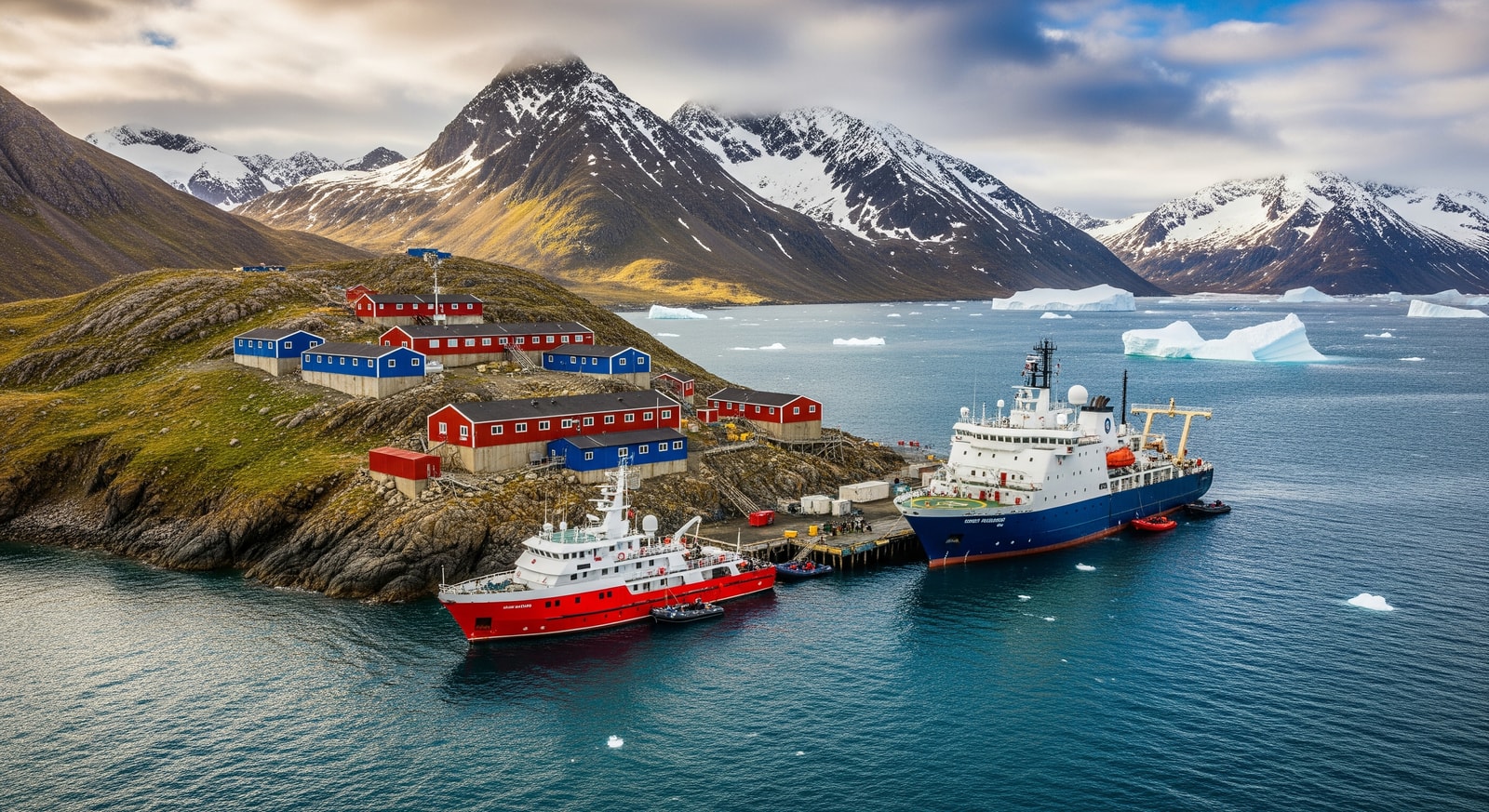 Research station at King Edward Point South Georgia with expedition vessels in the harbor