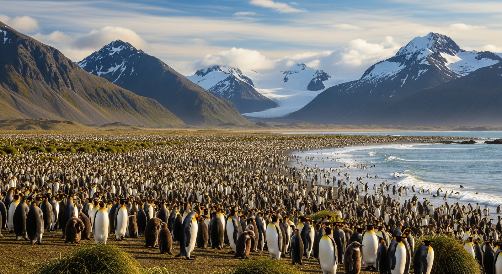 Massive colony of king penguins at Salisbury Plain South Georgia with thousands of birds stretching to the mountains
