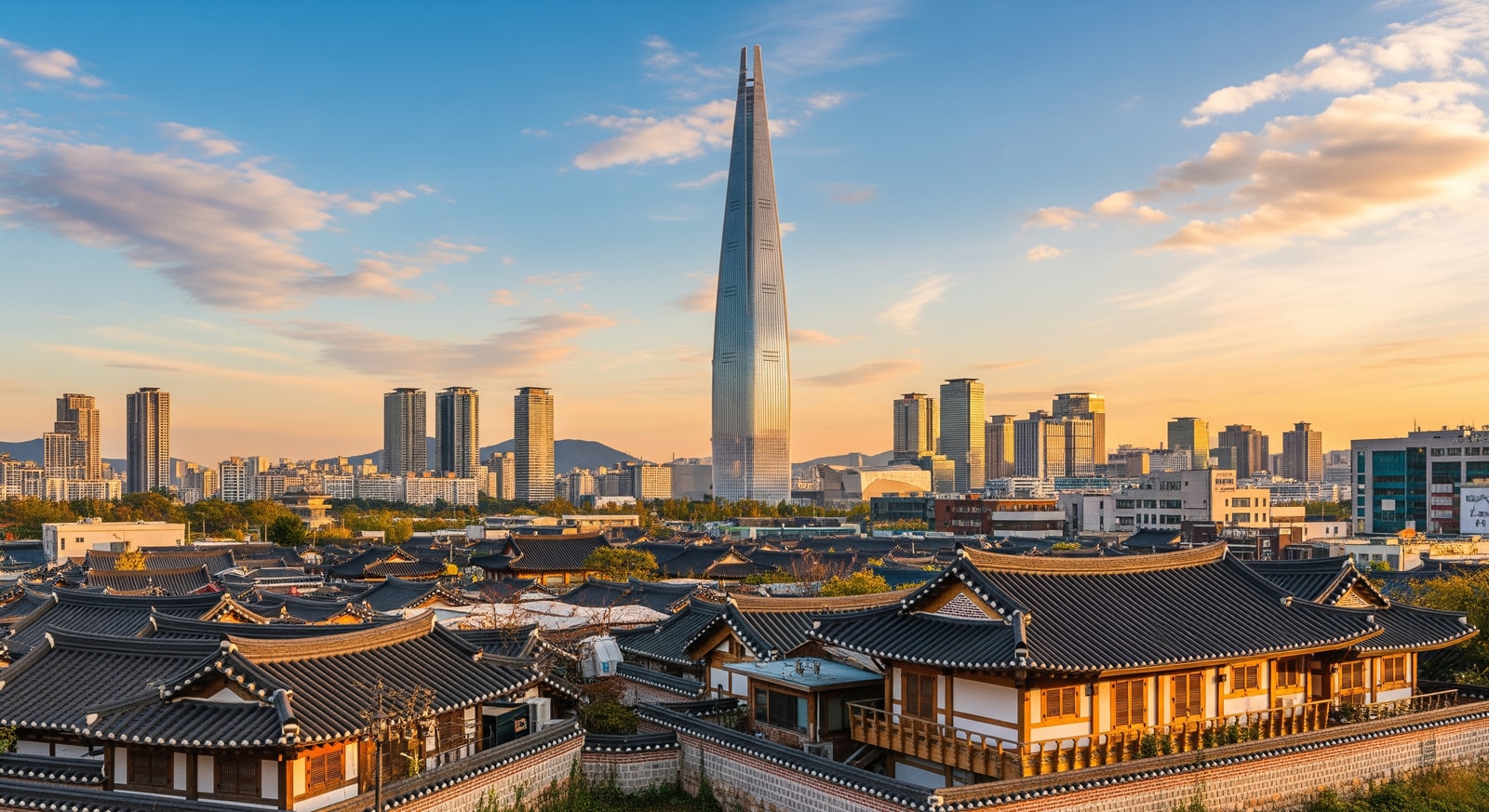 Modern Seoul cityscape with Lotte World Tower and traditional Hanok village contrasting old and new Korea