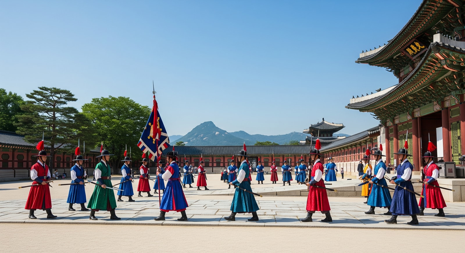 Traditional Gyeongbokgung Palace guards in colorful Joseon dynasty uniforms performing changing ceremony in Seoul