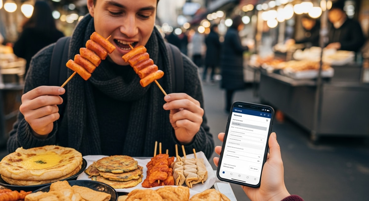Traveler enjoying traditional Korean street food while completing visa application on smartphone